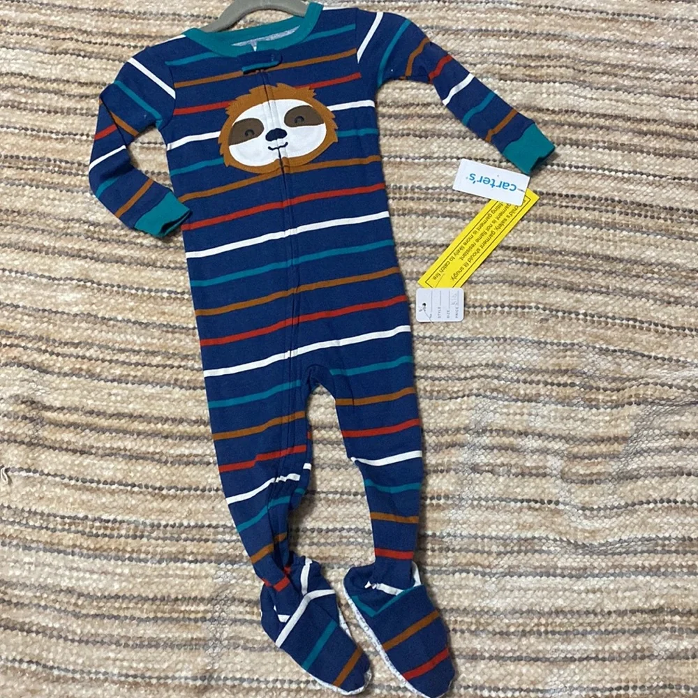 Carters Baby Boy Blue Striped Sloth Fleece Footed Pajamas Sleeper Zip Up 18M